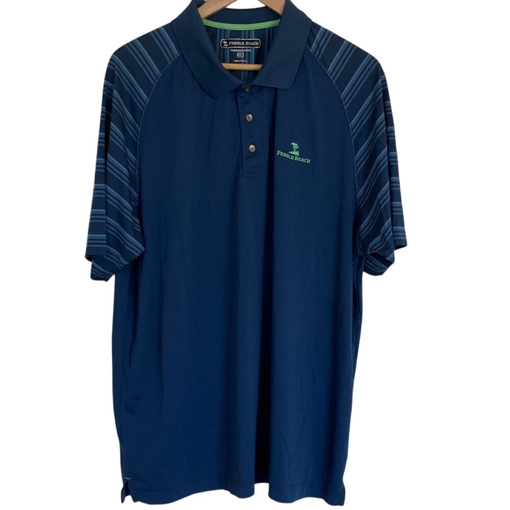 Pebble Beach Men's Blue Performance Polo Shirt Striped‎ Sleeves Size XXL Golf
